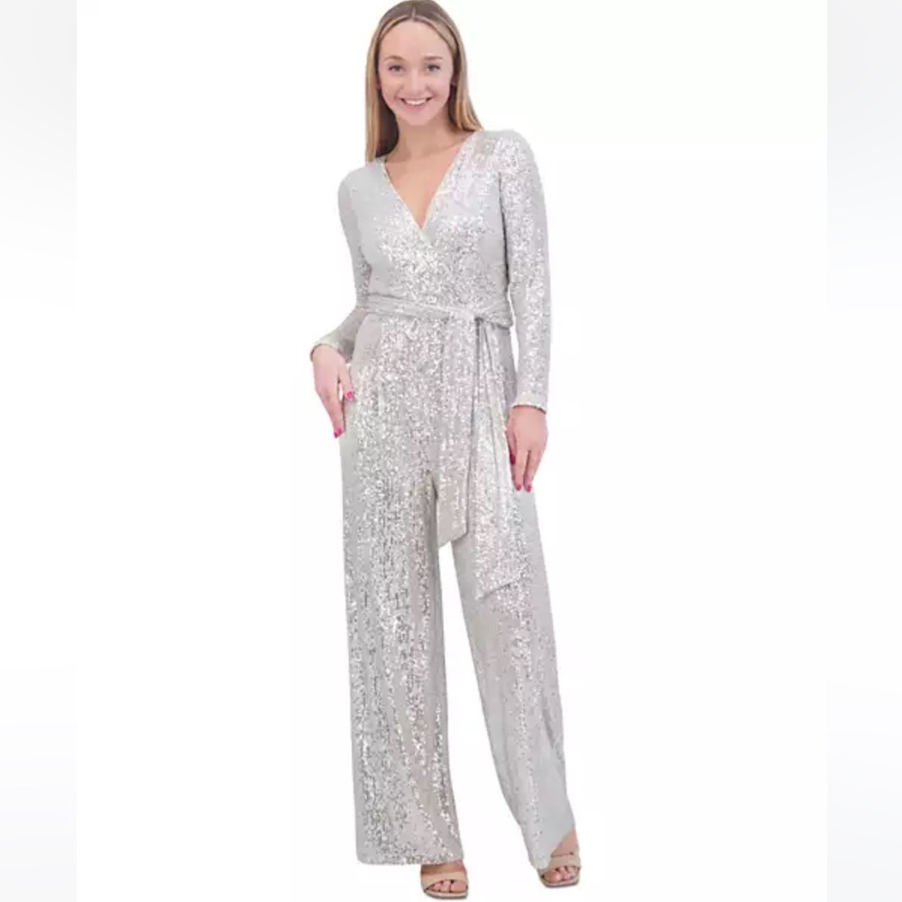 Sequin Wrap Front Long Sleeve Jumpsuit